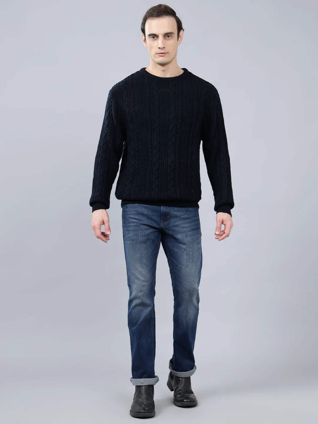 Men's Jacquard Navy Blue Full Sleeve Sweater