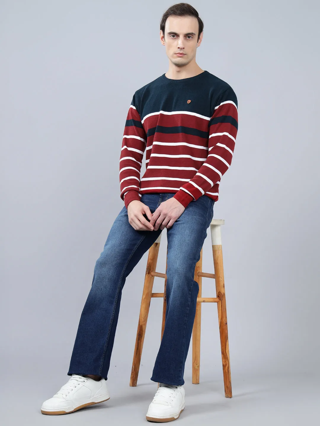 Men's Maroon Striped Full Sleeve Sweater