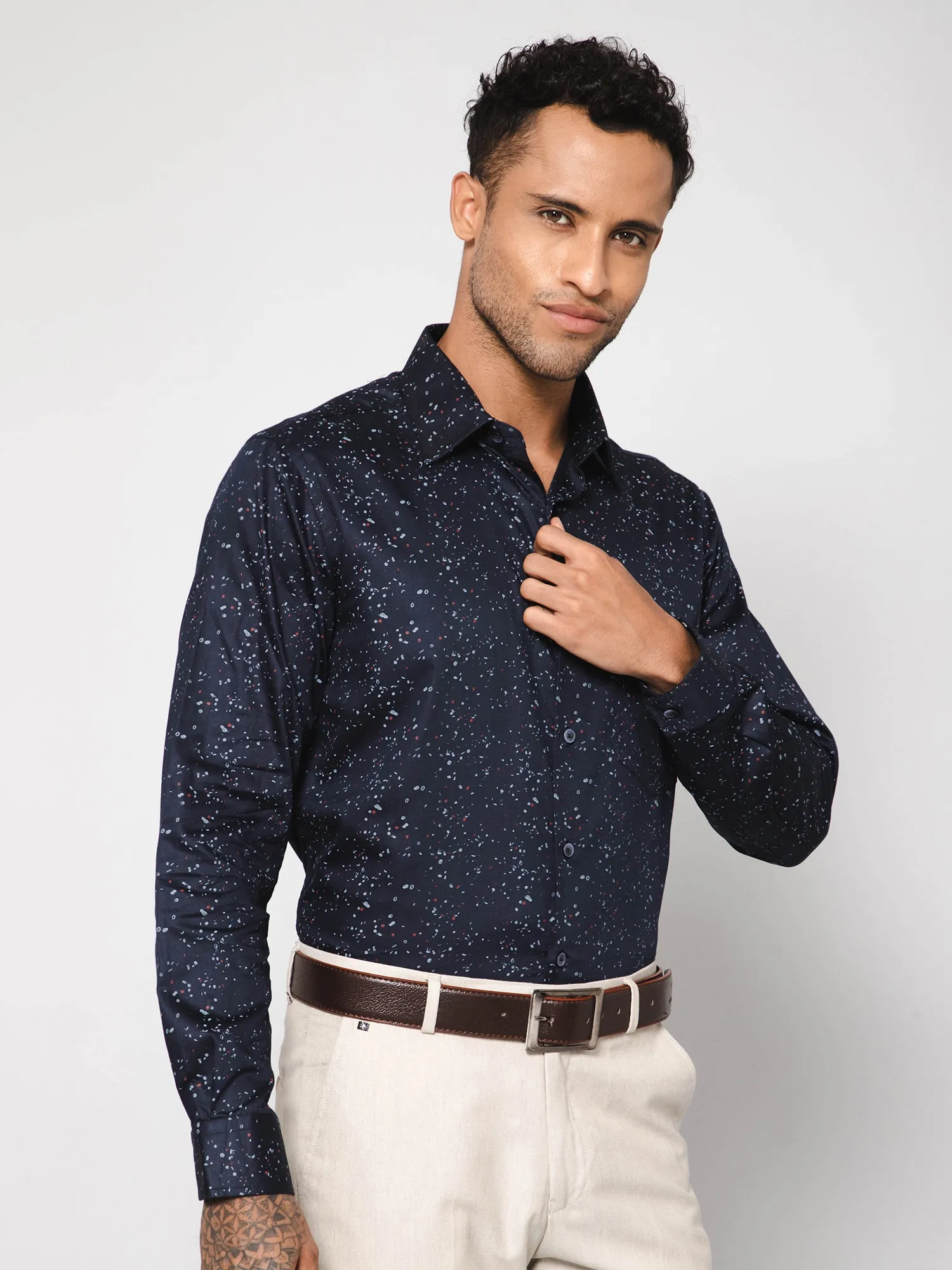 Men's Navy Blue Party Abstract Ditsy Print Full Sleeve Shirt