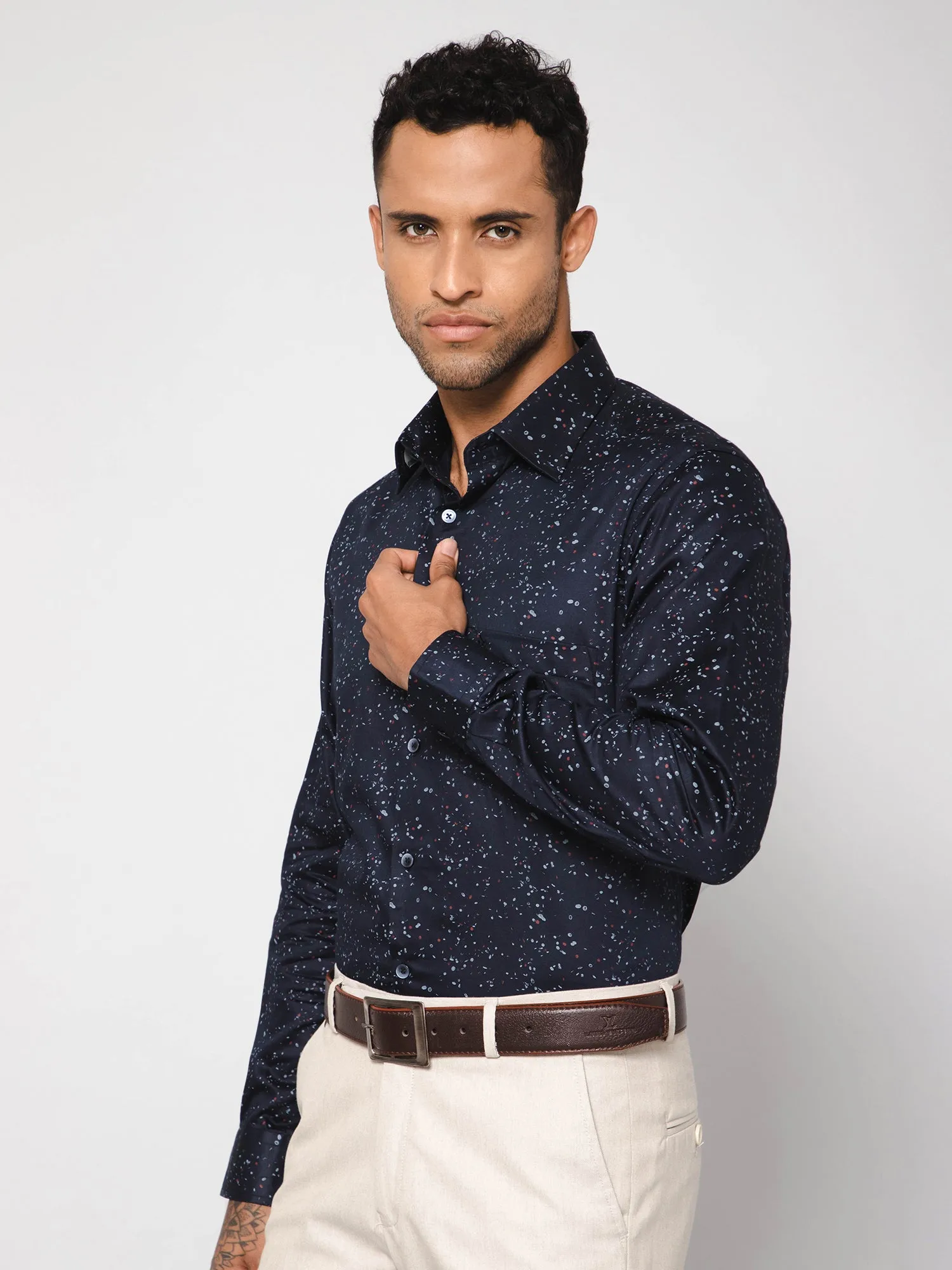 Men's Navy Blue Party Abstract Ditsy Print Full Sleeve Shirt