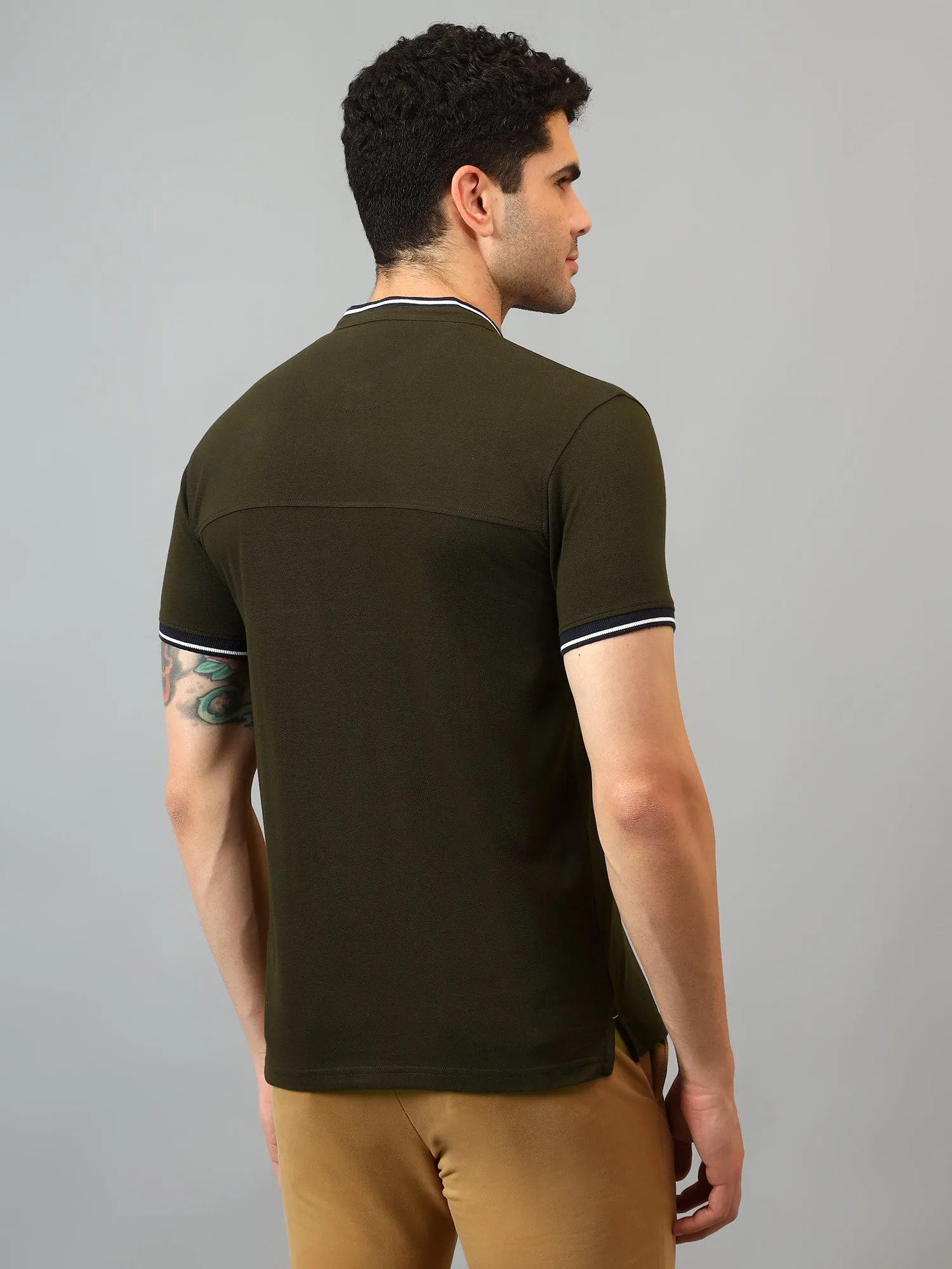 Men's Olive Green Mandarin neck Half Sleeve T-Shirt with cut and sew