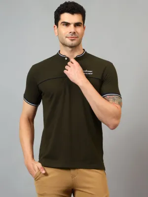 Men's Olive Green Mandarin neck Half Sleeve T-Shirt with cut and sew