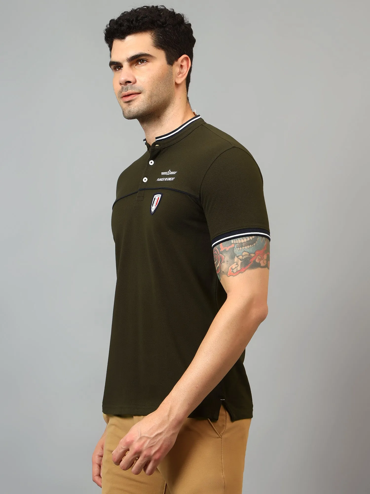 Men's Olive Green Mandarin neck Half Sleeve T-Shirt with cut and sew