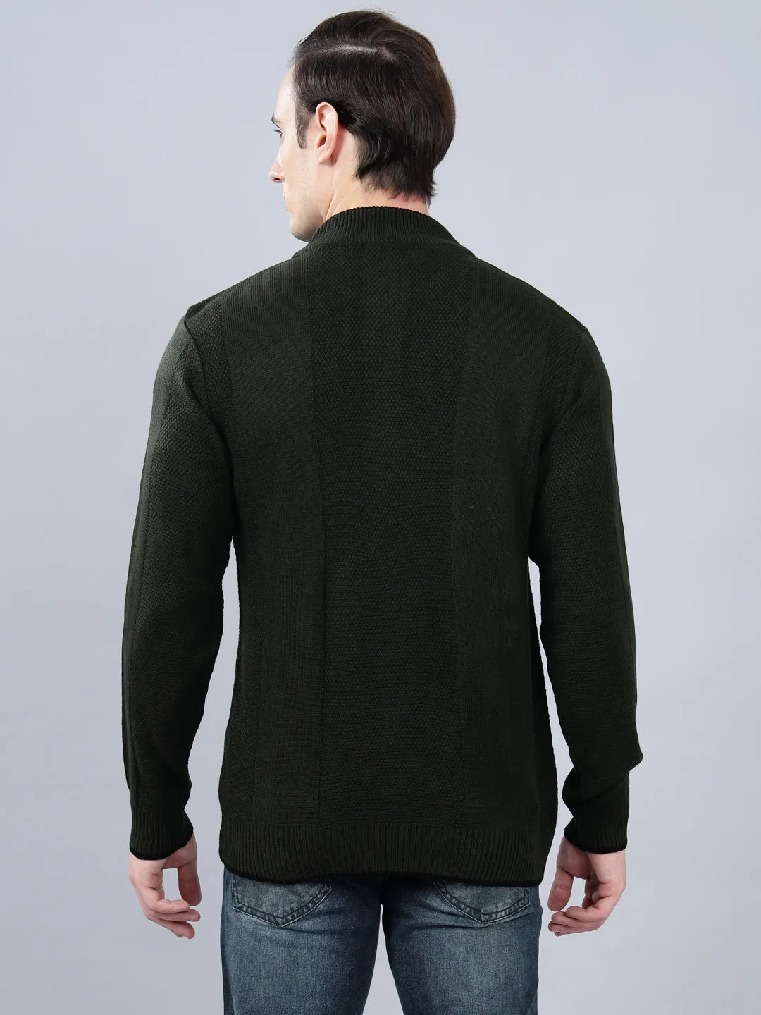 Men's Self Design Olive Green Full Sleeve Sweater