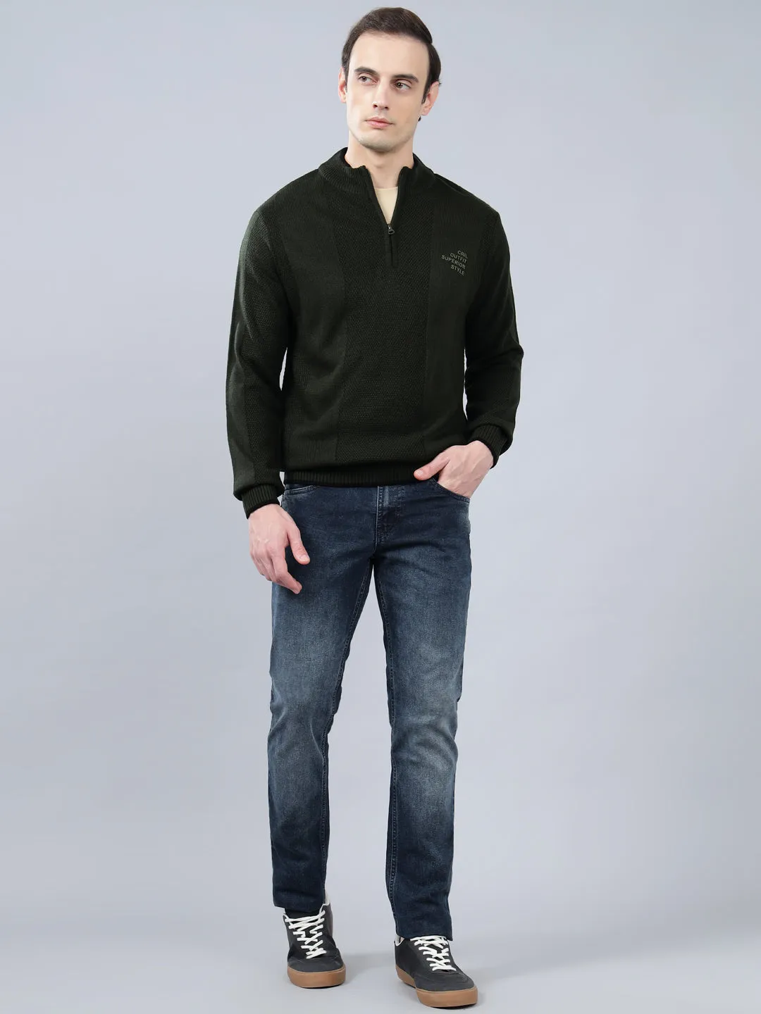 Men's Self Design Olive Green Full Sleeve Sweater