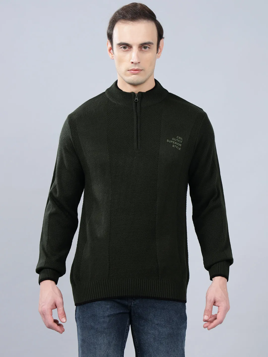 Men's Self Design Olive Green Full Sleeve Sweater