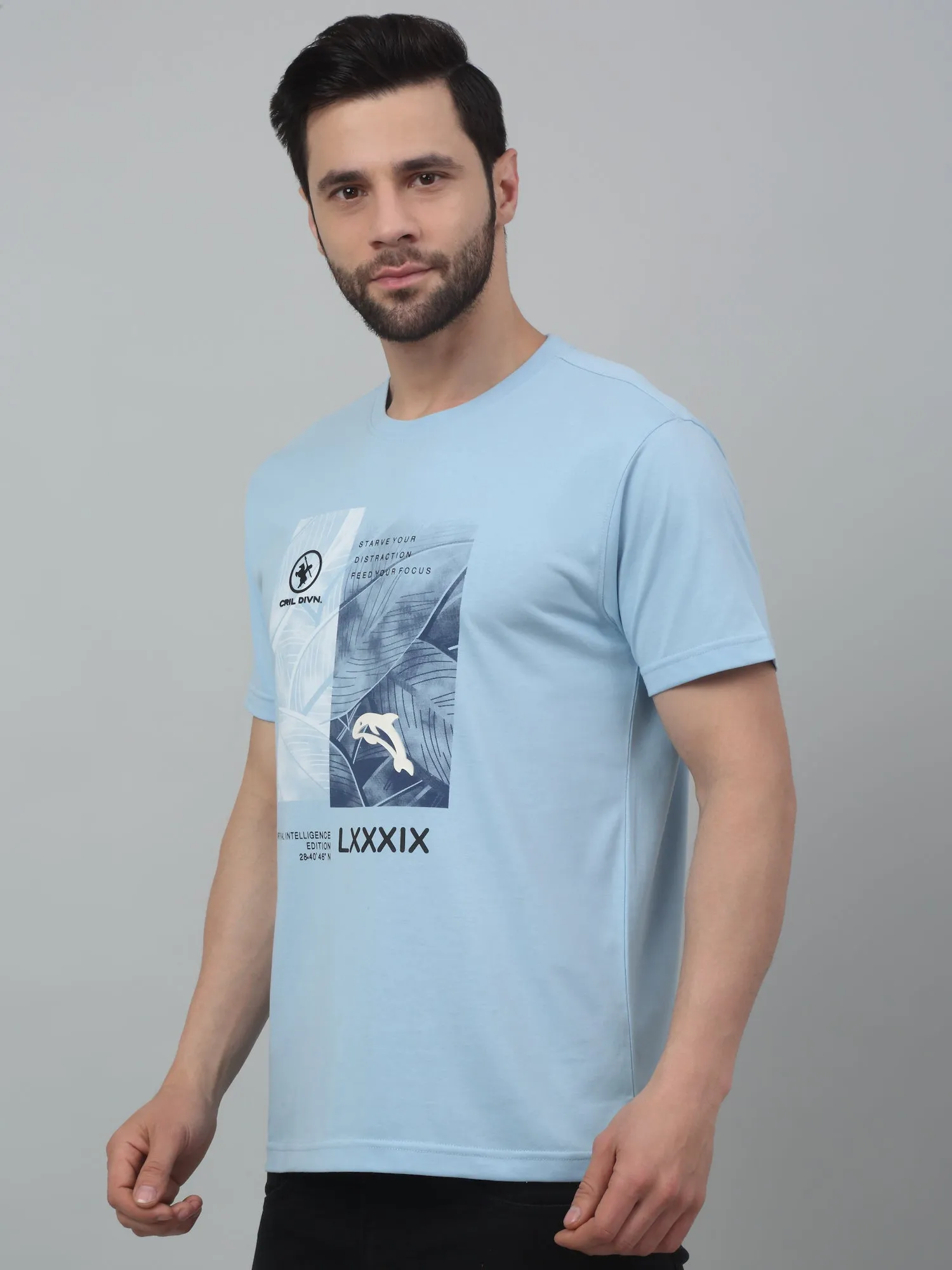 Men's Sky Blue Round neck Half Sleeve T-Shirt with Typographic print