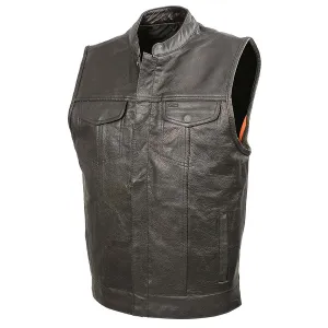 Men’s SOA Black Premium Buffalo Leather Club Style Motorcycle Rider Vest with Patch Access BZ6010