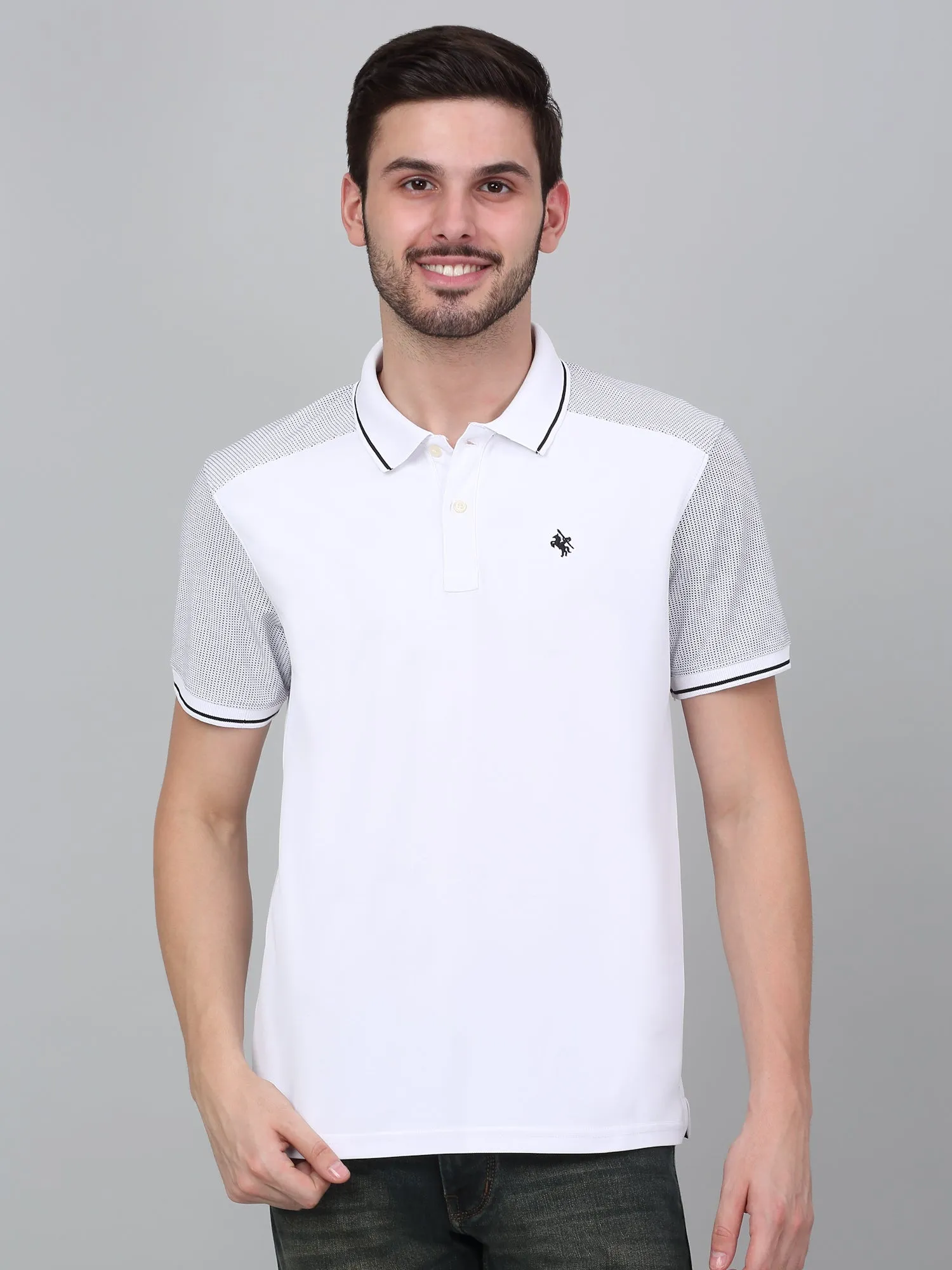 Men's White Color block hybrid Polo neck Half Sleeve T-Shirt with contrast back yoke