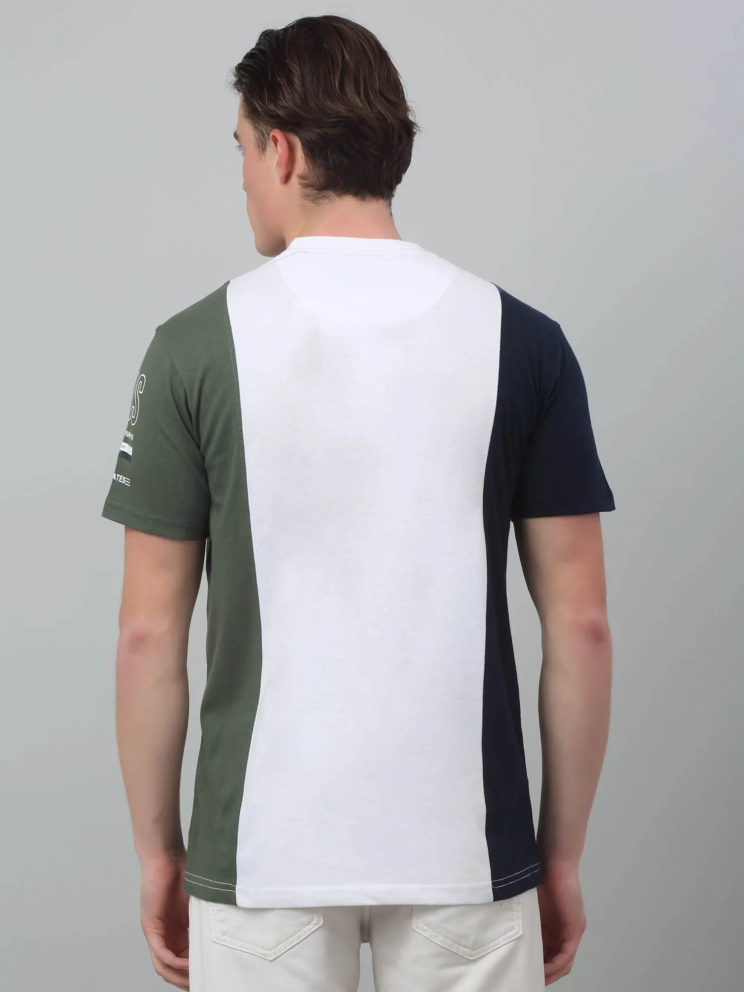 Men's White Vertical 3 color block Round neck Half Sleeve T-Shirt with Print