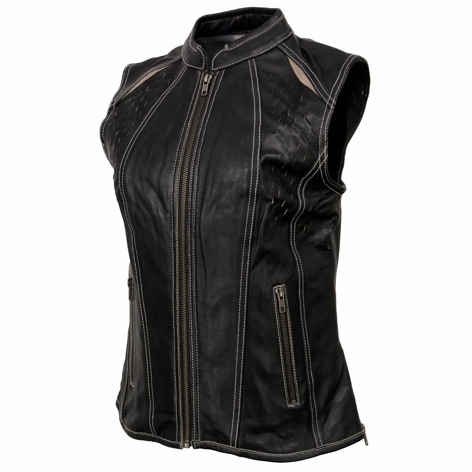 Milwaukee Leather MLL4507 Women's Black Leather Purple Accented Laser Cut Vented Scuba Style Motorcycle Rider Vest