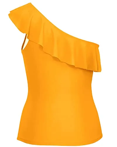 Padded One Shoulder Tankini Top Ruffle Flounce For Women-Yellow