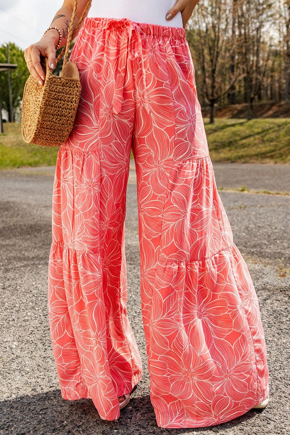 Pink Bohemian Floral Print Wide Leg Pants