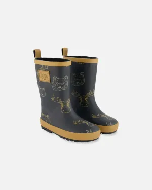 Printed Rain Boots Beige Animals On Black Background