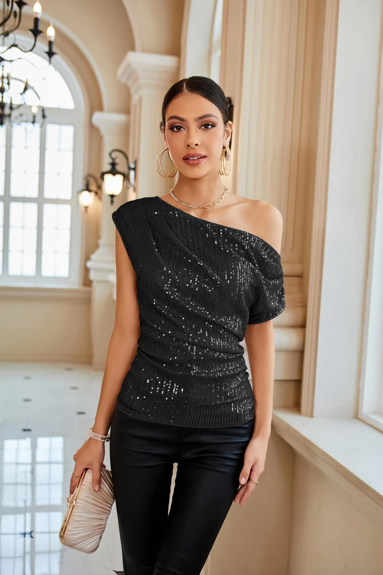 Ruched Cold Shoulder Sequin Party Tops for Women 2024 Dressy Asymmetrical Sleeve Sparkle Tops Girls Fancy Glitter Shimmer Going Out Tops Black XL