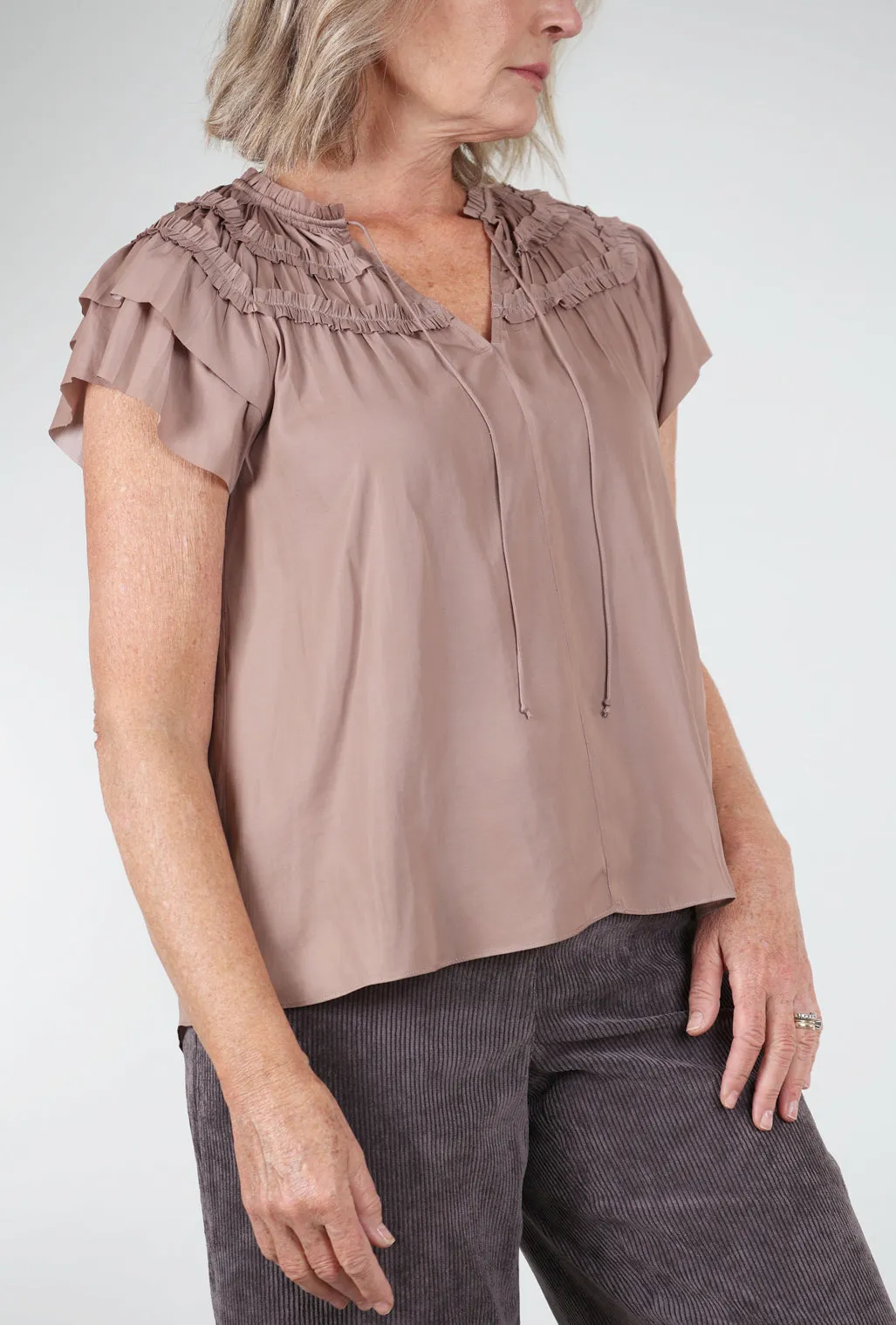 Ruffle Detail S/L Sateen Top, Dusty Orchid