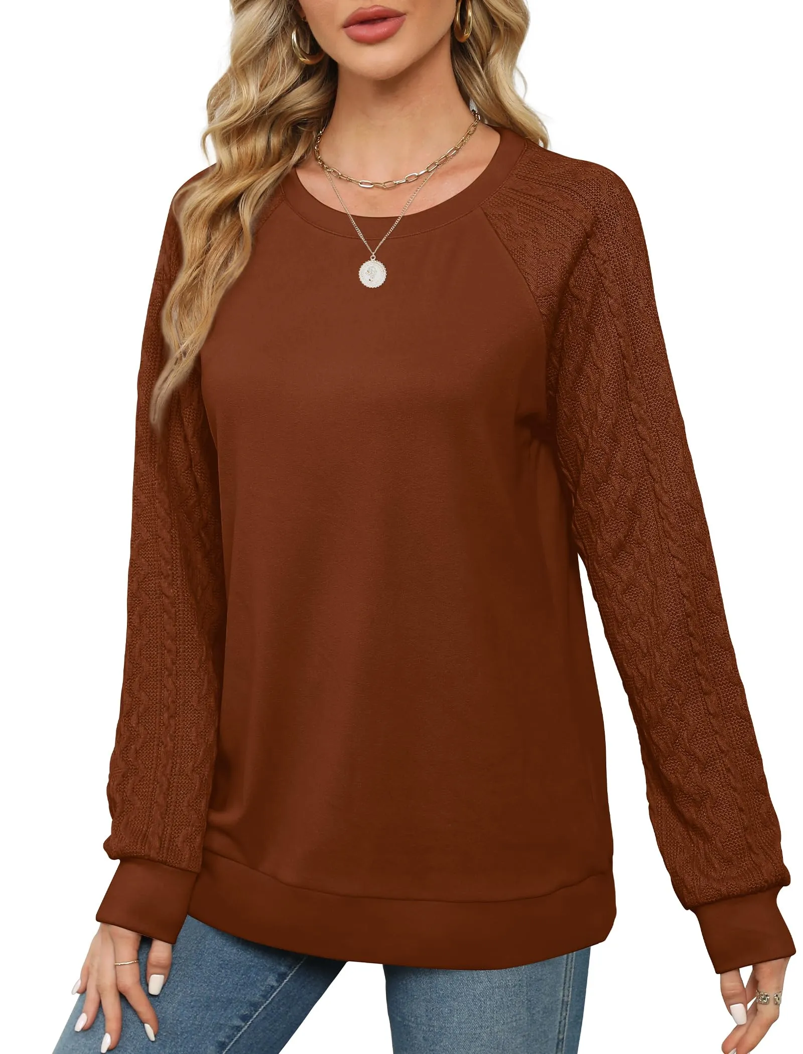 Saloogoe Womens Fashion 2024 Fall Sweaters Long Sleeve T Shirts for Women Trendy Caramel XL