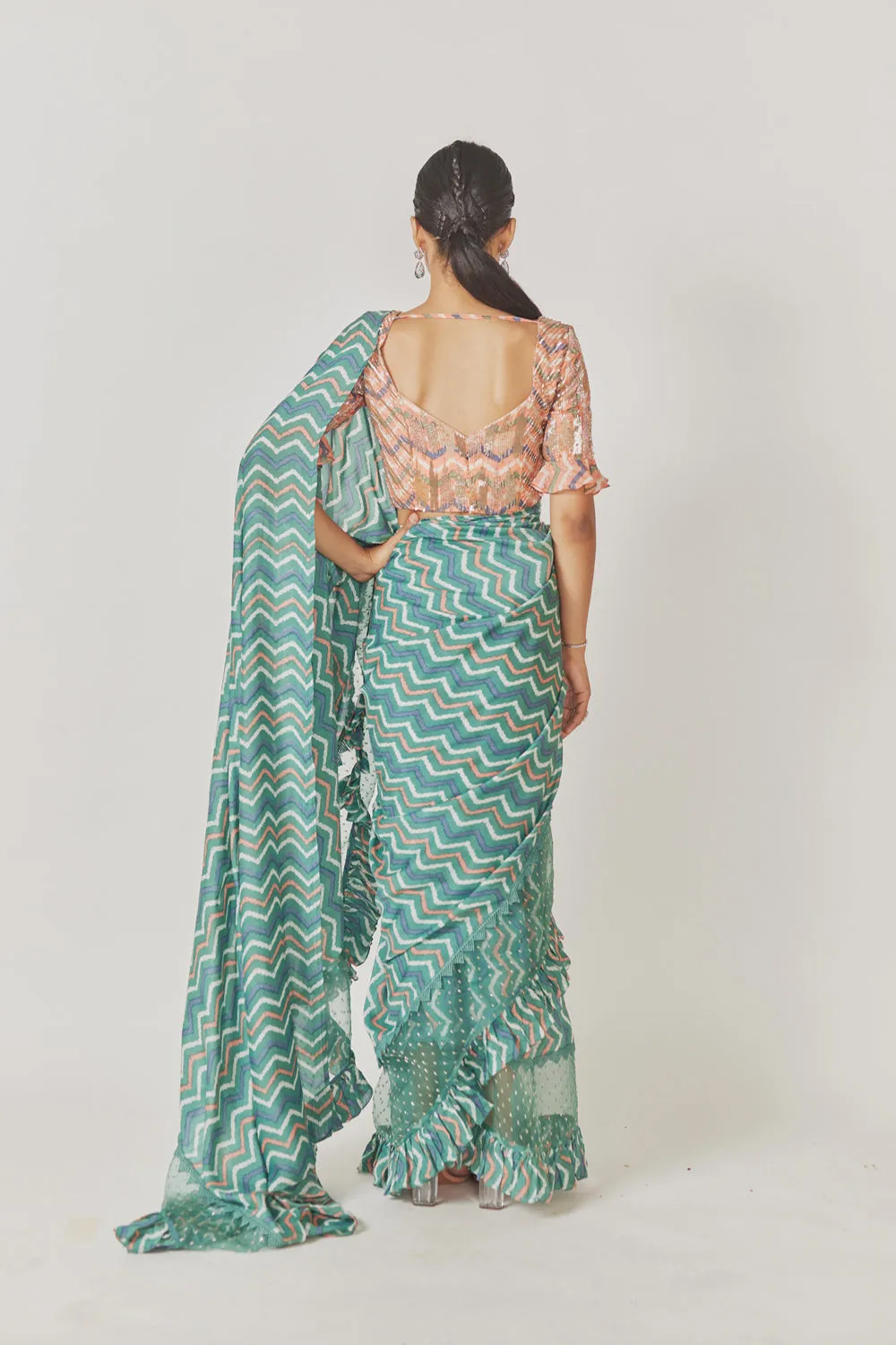 Sea Green Shevron Saree   Peach Shevron Blouse