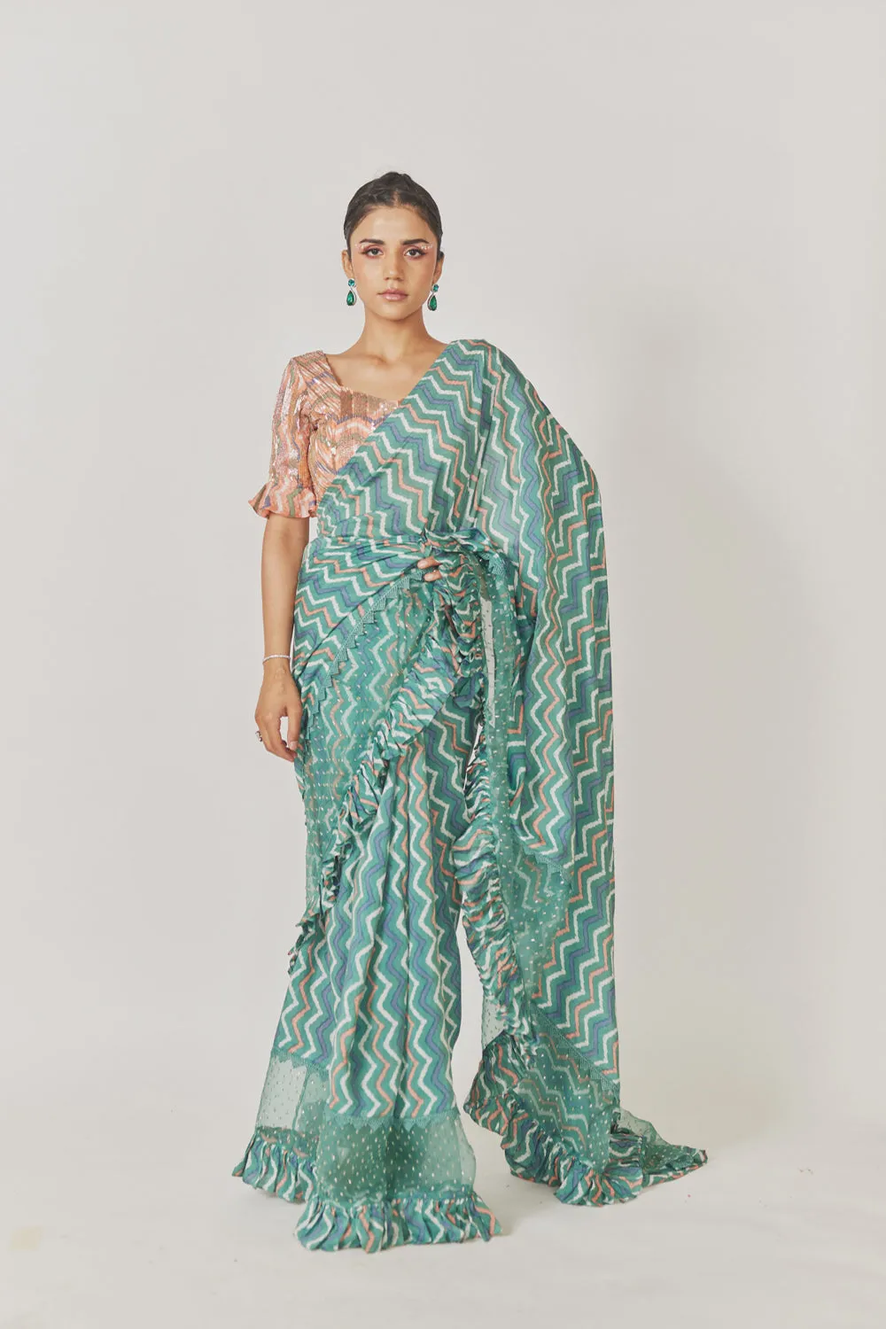 Sea Green Shevron Saree   Peach Shevron Blouse