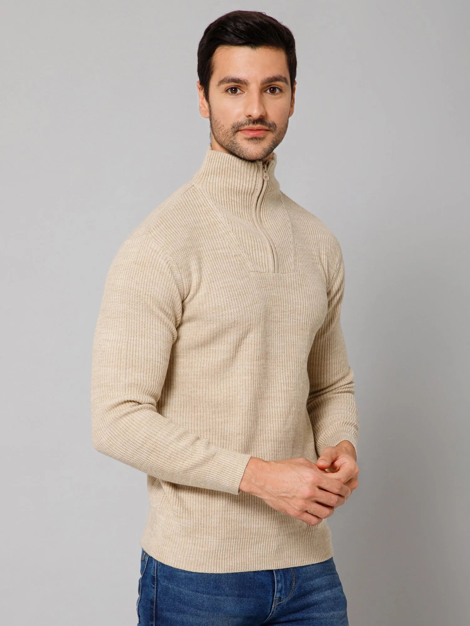 Self Design Beige Full Sleeves High Neck Regular Fit Casual Sweater for Men