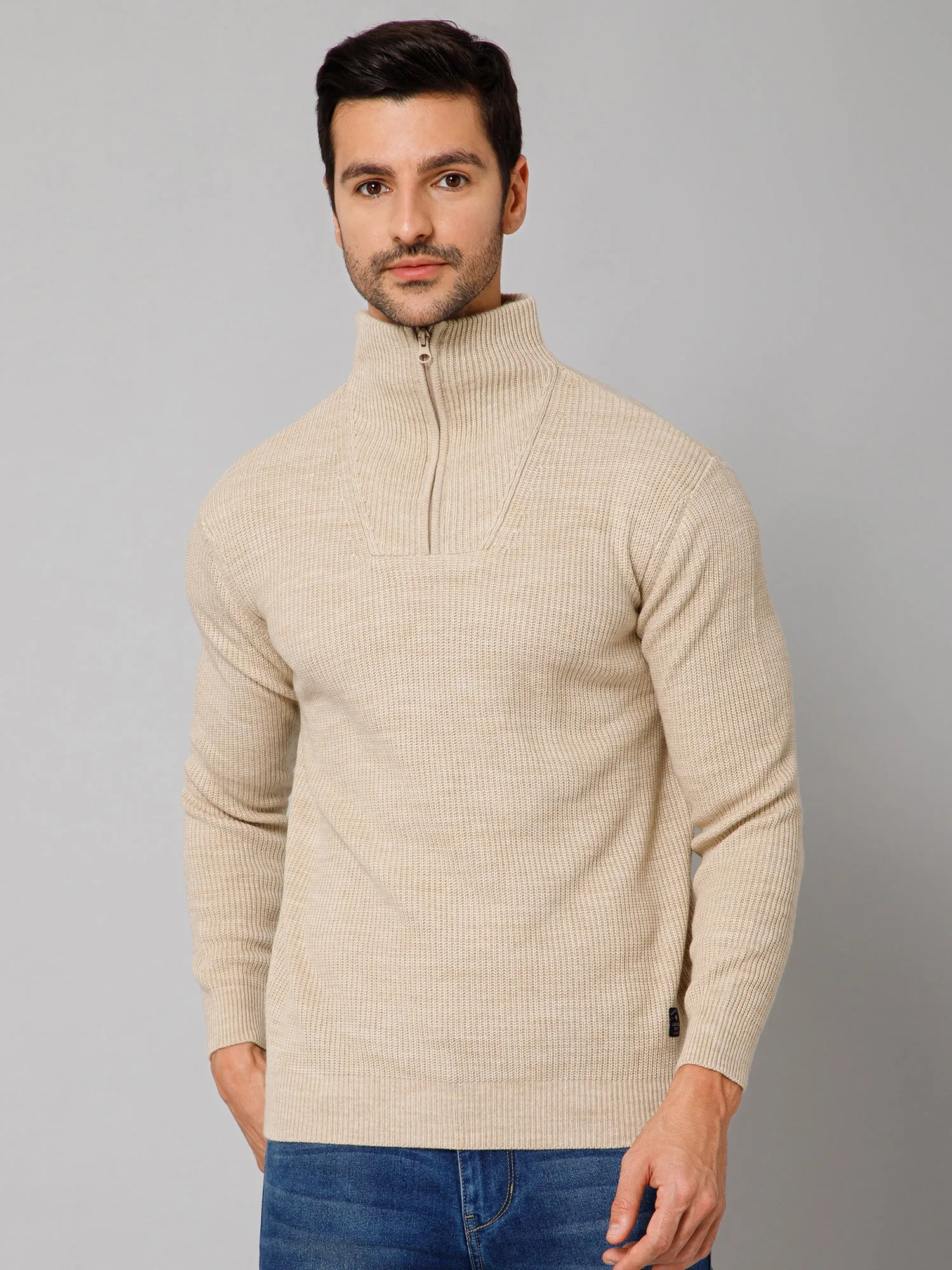 Self Design Beige Full Sleeves High Neck Regular Fit Casual Sweater for Men