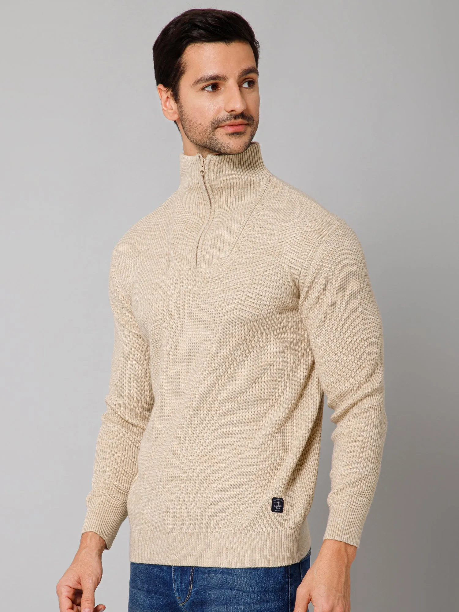 Self Design Beige Full Sleeves High Neck Regular Fit Casual Sweater for Men