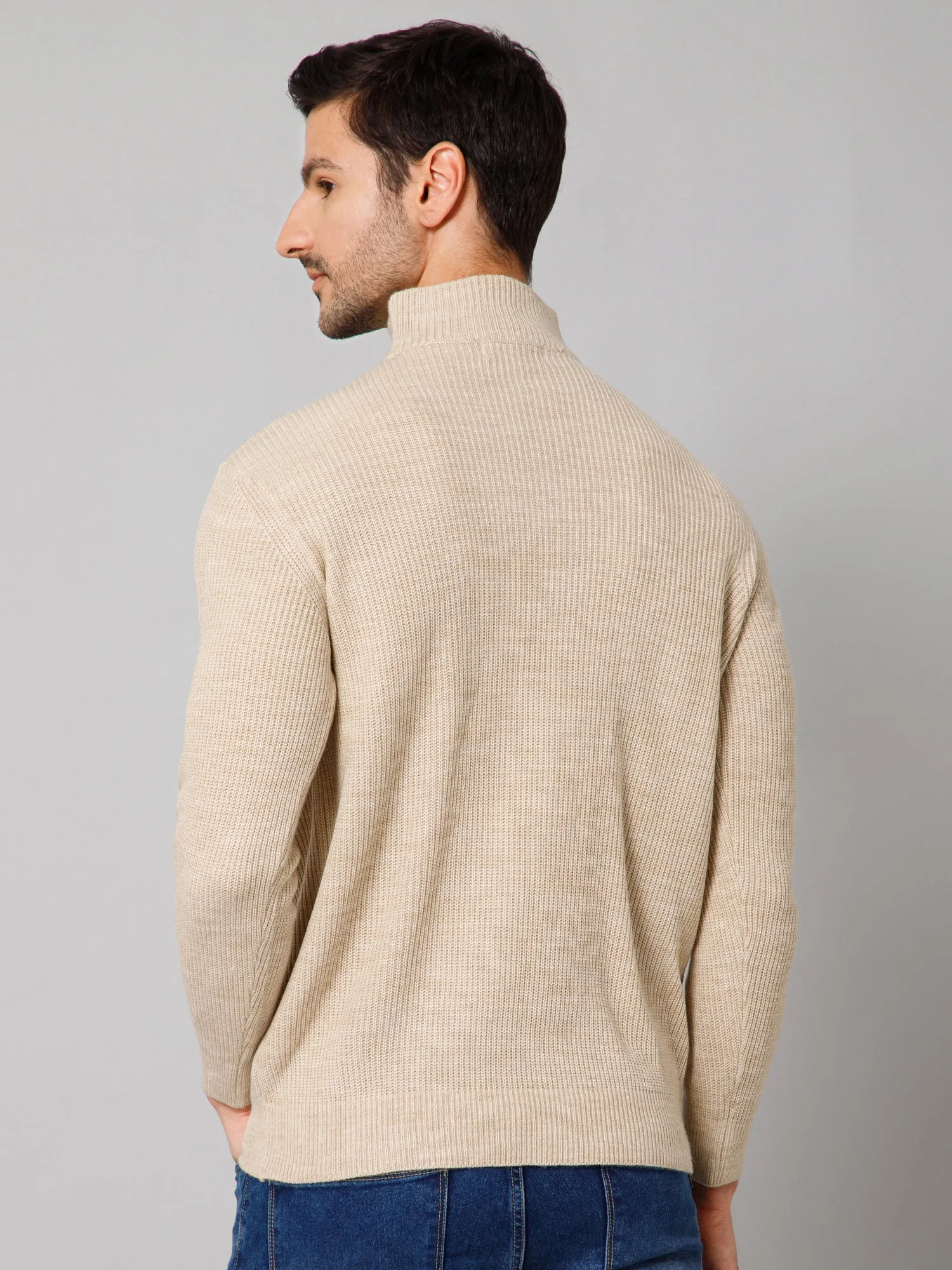 Self Design Beige Full Sleeves High Neck Regular Fit Casual Sweater for Men