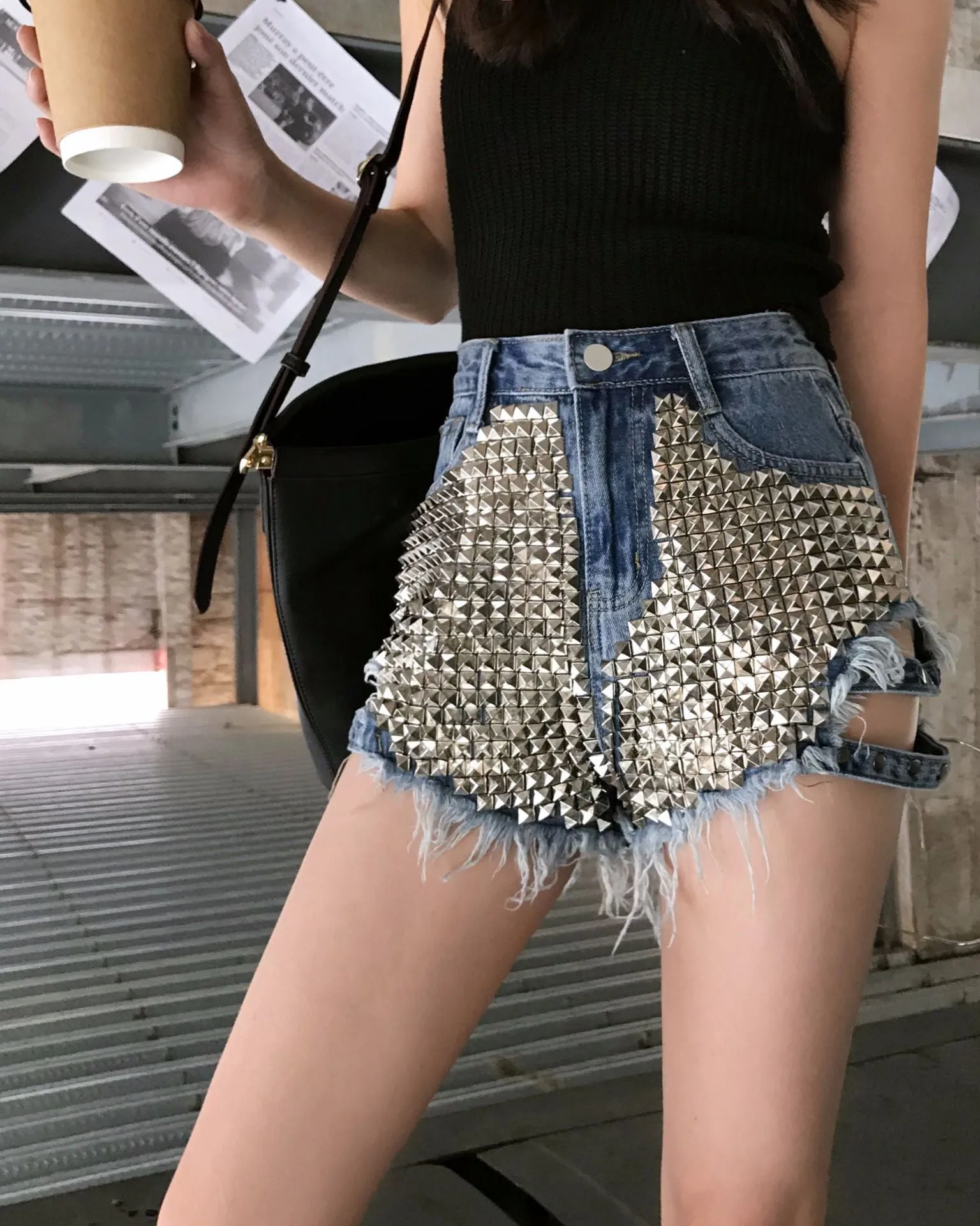 Side-Tie Fully Studded High-Rise Denim Shorts