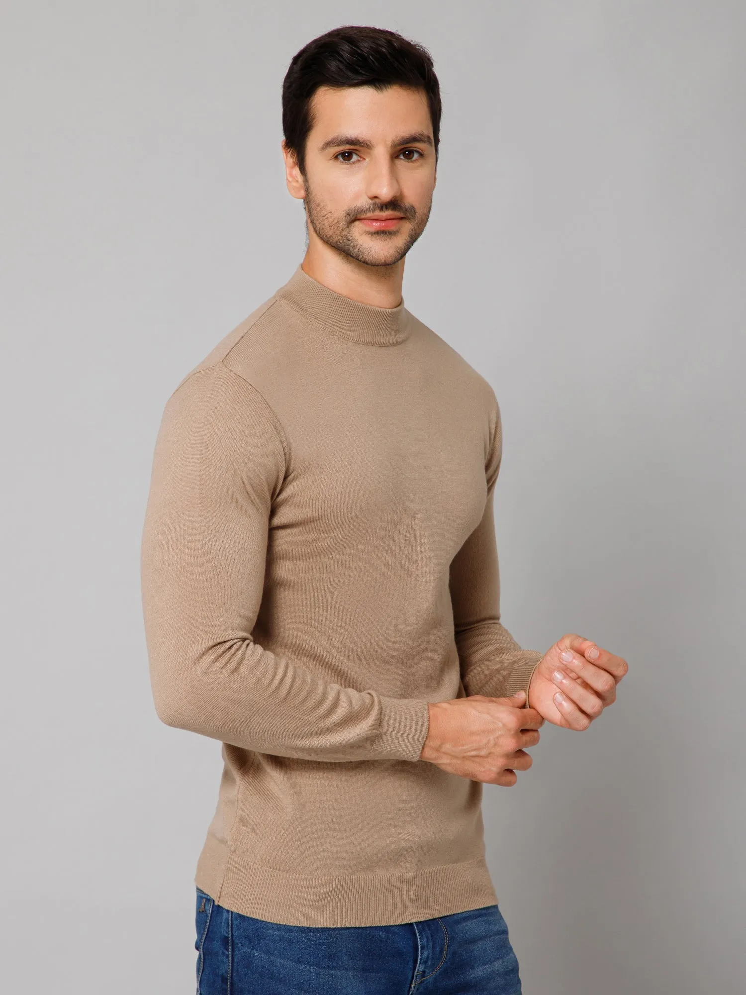 Solid Beige Full Sleeves Round Neck Regular Fit Casual Sweater for Men