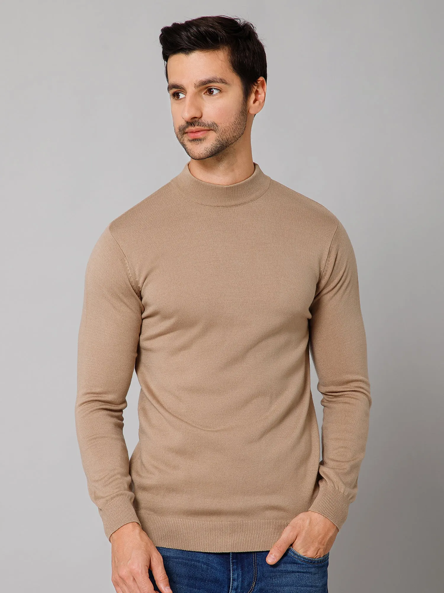 Solid Beige Full Sleeves Round Neck Regular Fit Casual Sweater for Men