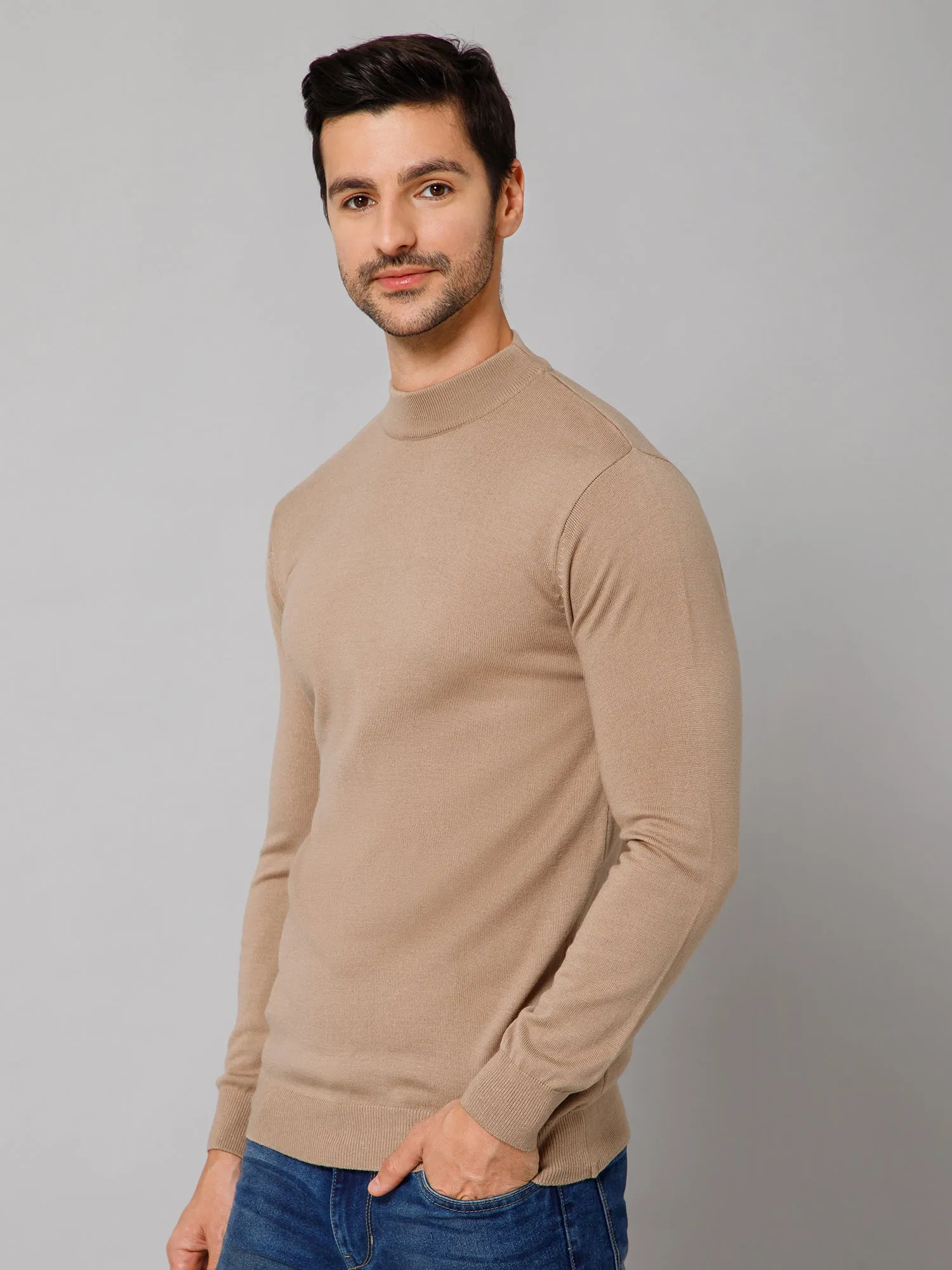 Solid Beige Full Sleeves Round Neck Regular Fit Casual Sweater for Men