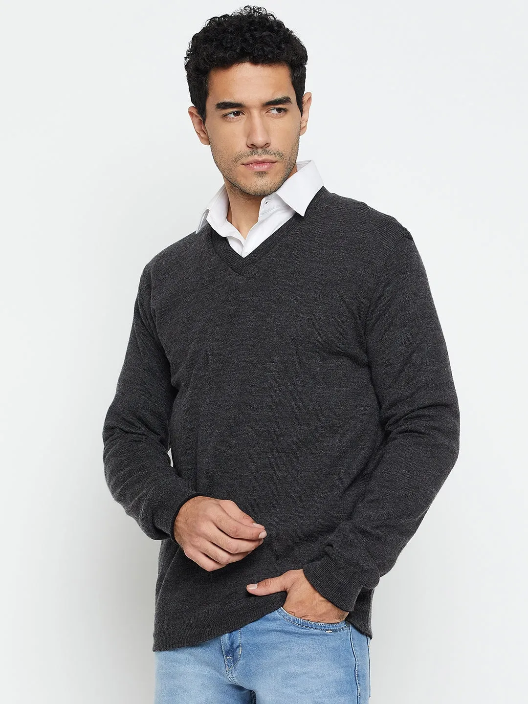 Solid Black and Grey Full Sleeves V Neck Reversible Regular Fit Casual Sweater for Men