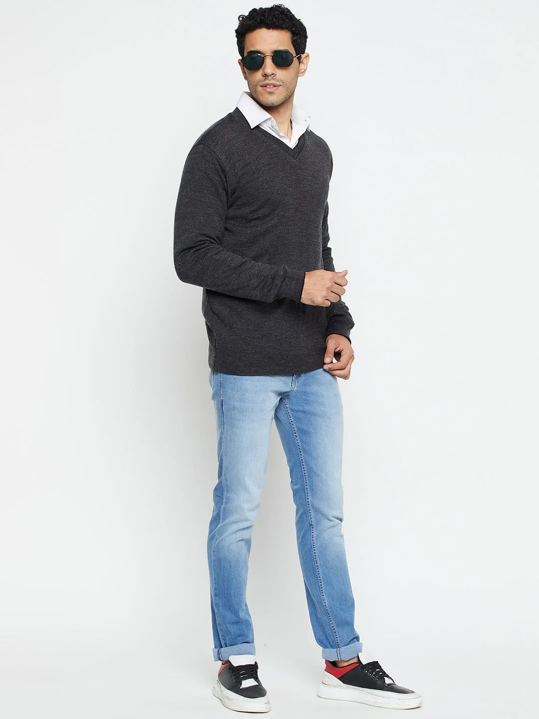 Solid Black and Grey Full Sleeves V Neck Reversible Regular Fit Casual Sweater for Men