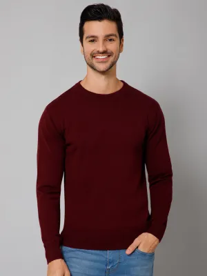 Solid Wine Full Sleeves Round Neck Regular Fit Casual Sweater for Men