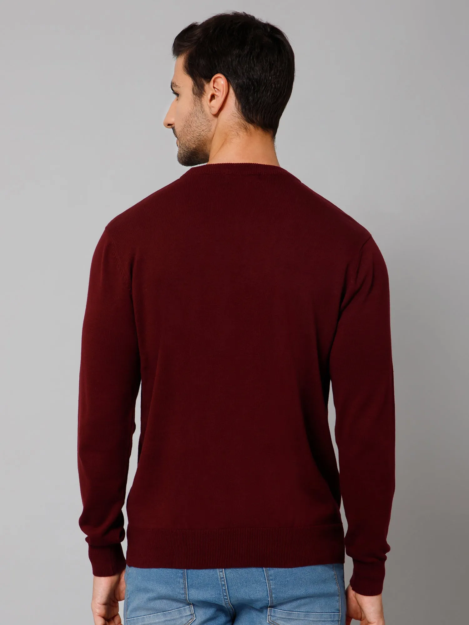 Solid Wine Full Sleeves Round Neck Regular Fit Casual Sweater for Men