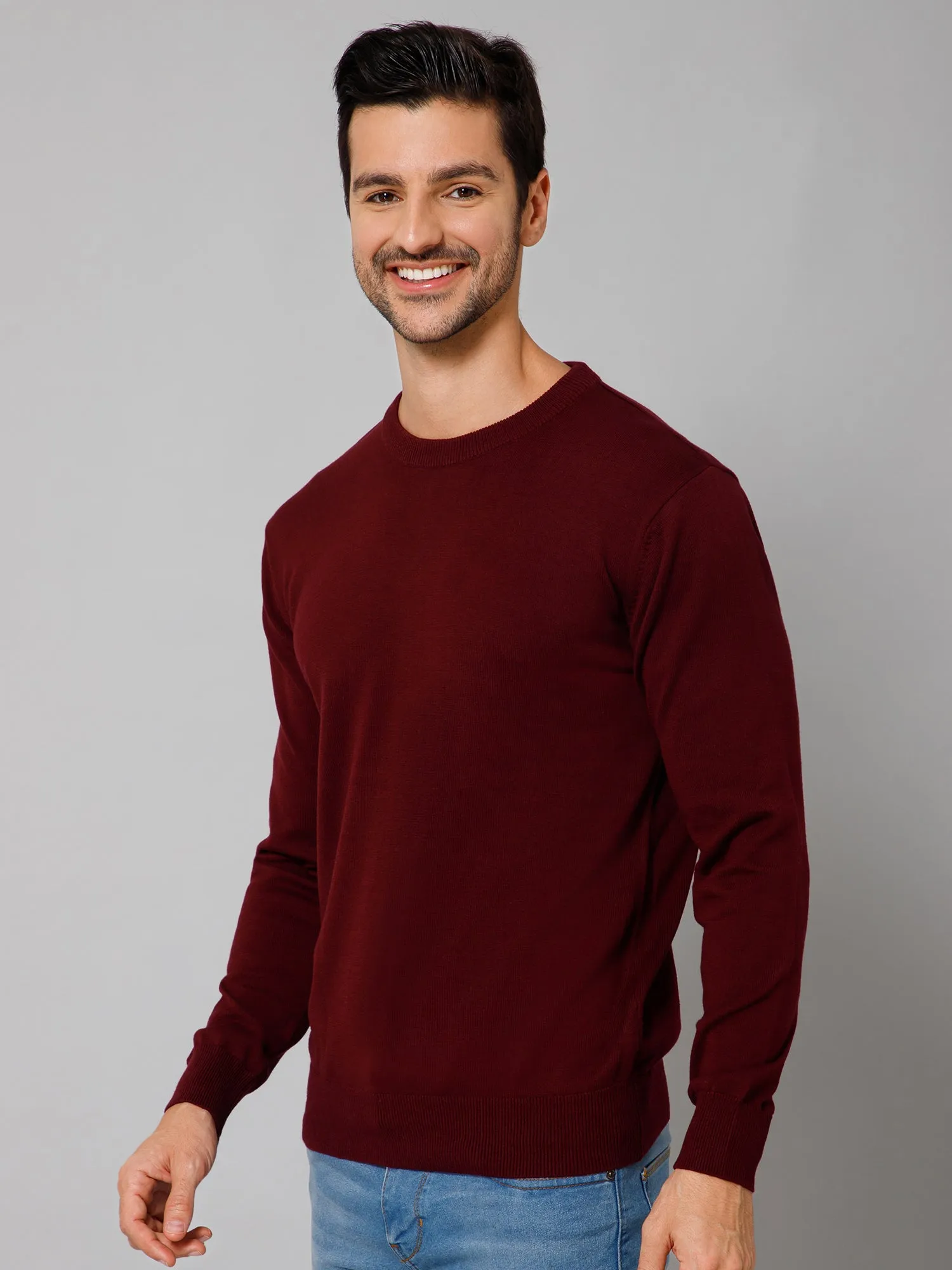 Solid Wine Full Sleeves Round Neck Regular Fit Casual Sweater for Men