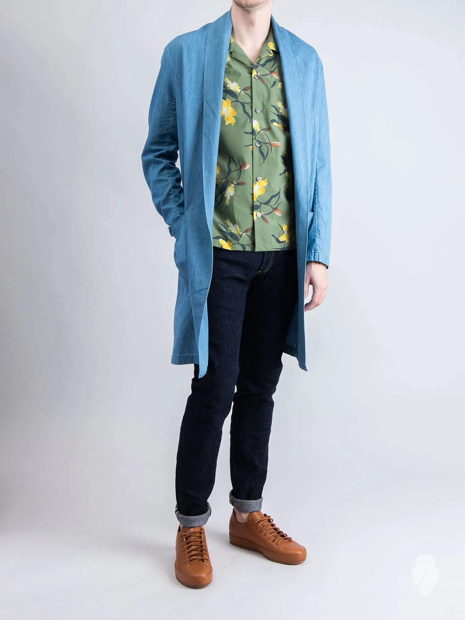 Stole Collar Long Cardigan in Lightweight Denim