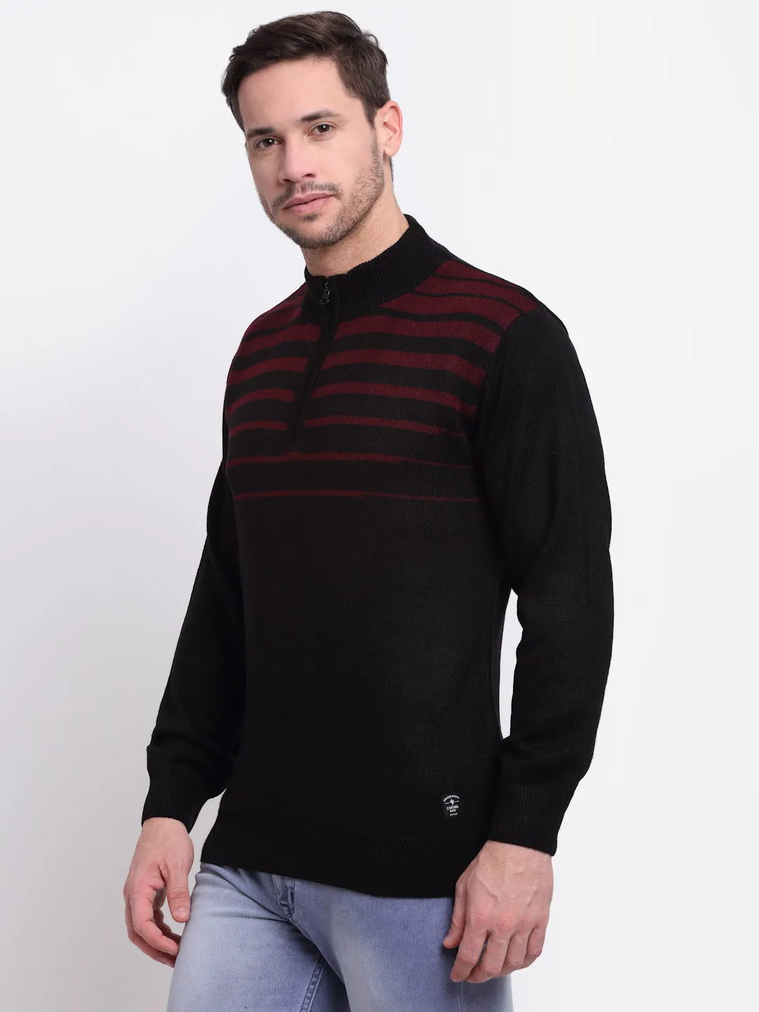 Striped Black Full Sleeves Mock Collar Regular Fit Casual Sweater for Men