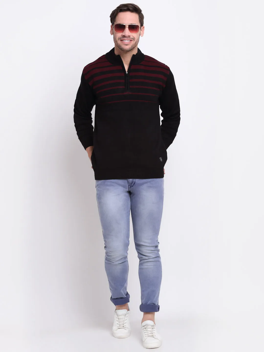 Striped Black Full Sleeves Mock Collar Regular Fit Casual Sweater for Men