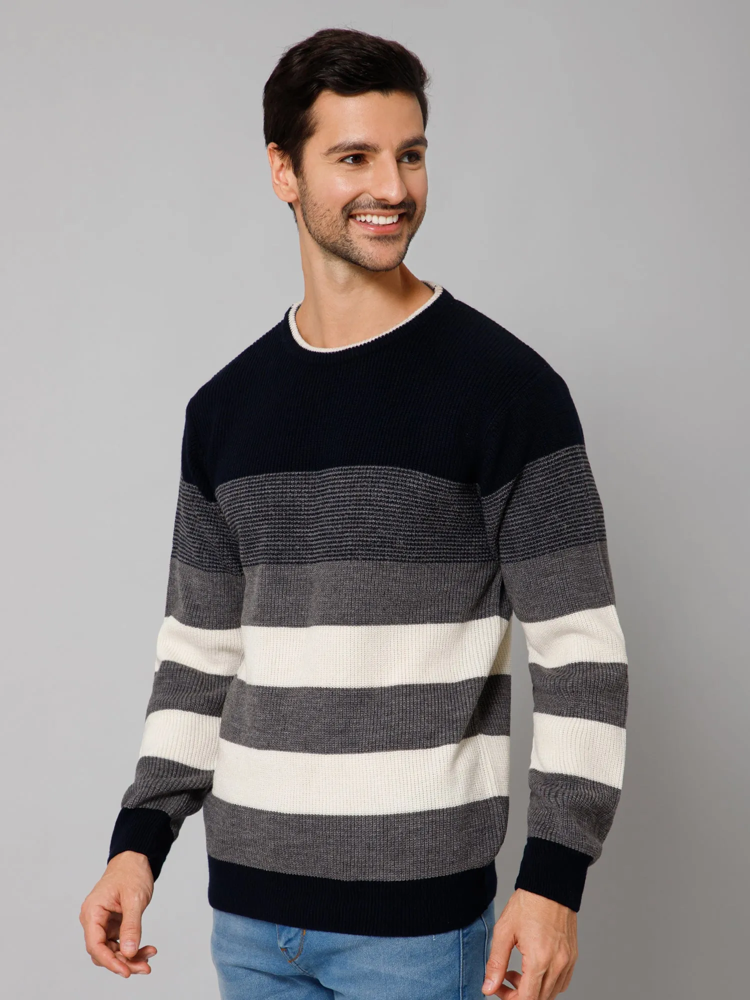 Striped Grey Full Sleeves Round Neck Regular Fit Casual Sweater for Men