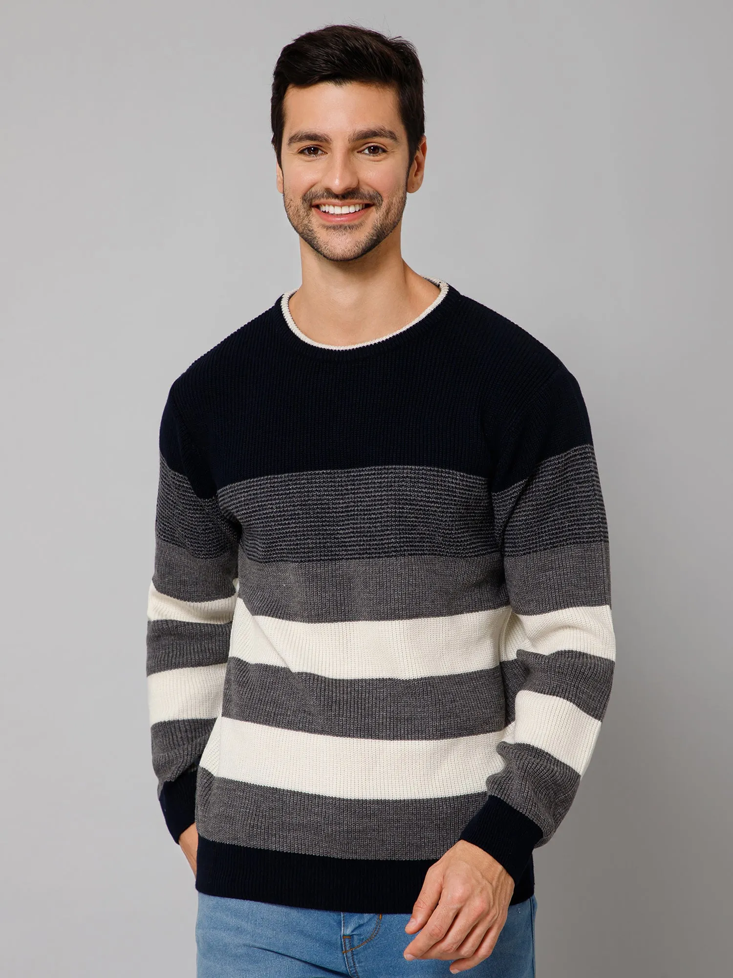 Striped Grey Full Sleeves Round Neck Regular Fit Casual Sweater for Men