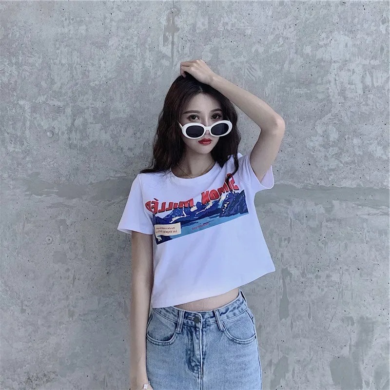 Summer White Short T-Shirt Women Sleeve INS Slimming Slim-Look Western Bare Belly Feminine Tops T-Shirt