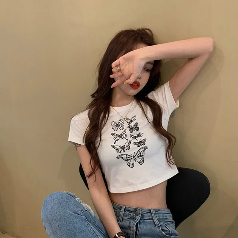 Summer White Short T-Shirt Women Sleeve INS Slimming Slim-Look Western Bare Belly Feminine Tops T-Shirt