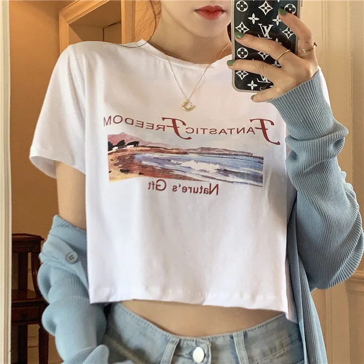 Summer White Short T-Shirt Women Sleeve INS Slimming Slim-Look Western Bare Belly Feminine Tops T-Shirt