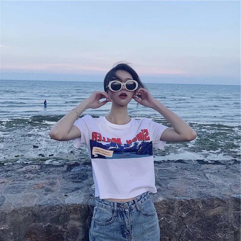 Summer White Short T-Shirt Women Sleeve INS Slimming Slim-Look Western Bare Belly Feminine Tops T-Shirt