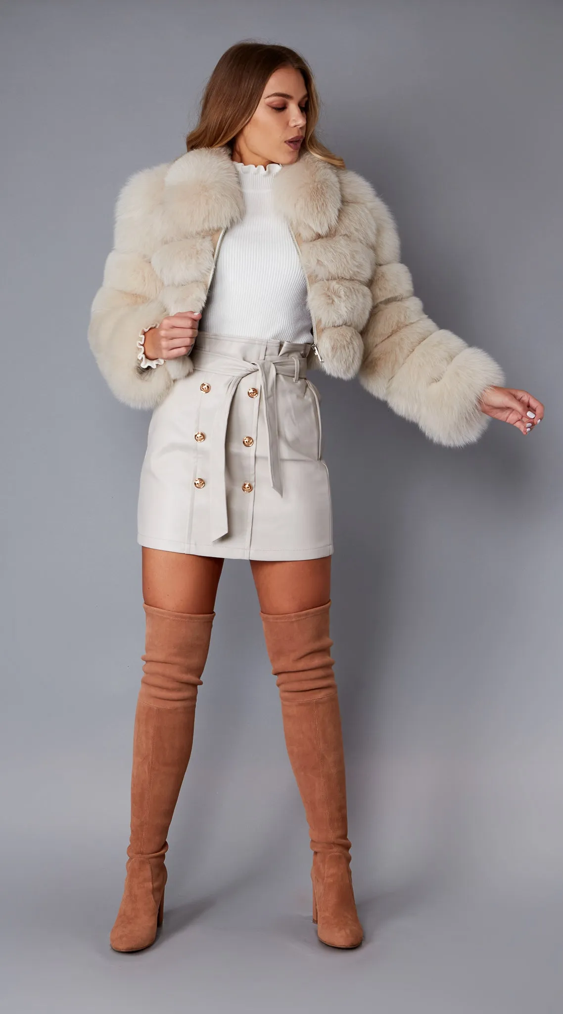 Supreme Luxy Cropped Fox Fur Coat - Buttermilk