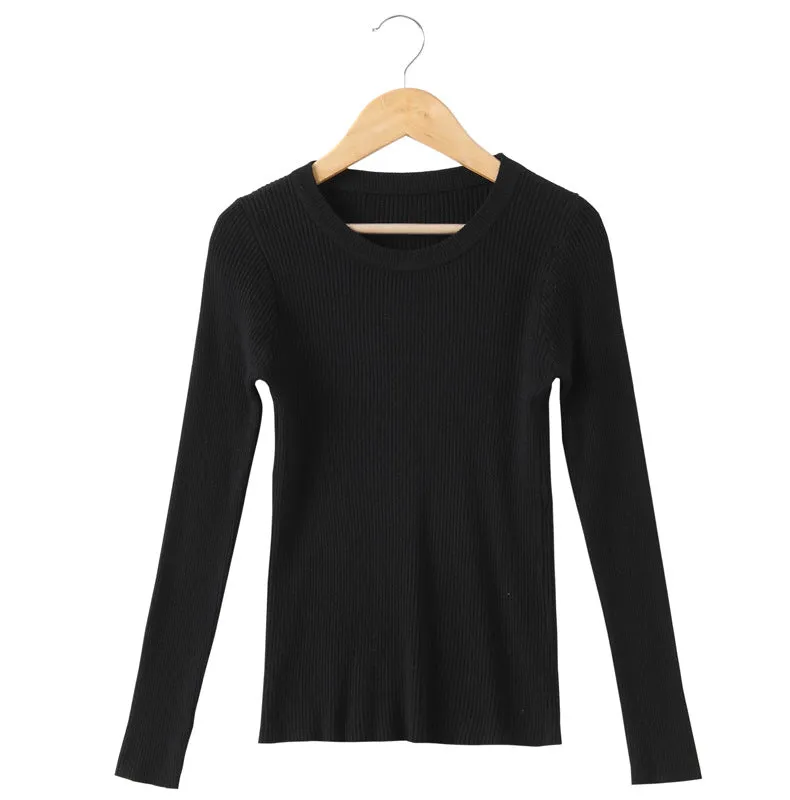 Sweater Korean Round-Neck Long Sleeved Knitted Tops Slimming All-Matching Western Innerwear