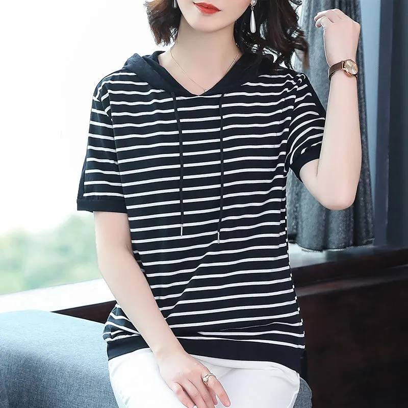 T-Shirt Women Mom Loose Striped Hooded Short Sleeve Summer Korean Casual Plus Size Tops T-Shirt