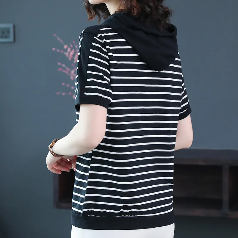 T-Shirt Women Mom Loose Striped Hooded Short Sleeve Summer Korean Casual Plus Size Tops T-Shirt