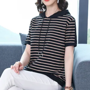 T-Shirt Women Mom Loose Striped Hooded Short Sleeve Summer Korean Casual Plus Size Tops T-Shirt